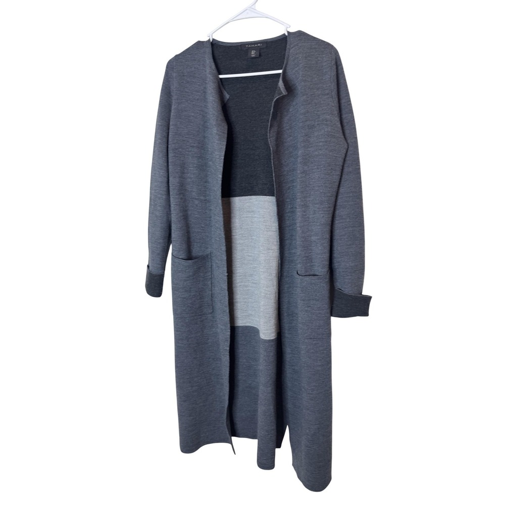 Tahari Cardigan Sweater Womens Small Gray Colorblock Long Open Front Duster Knit